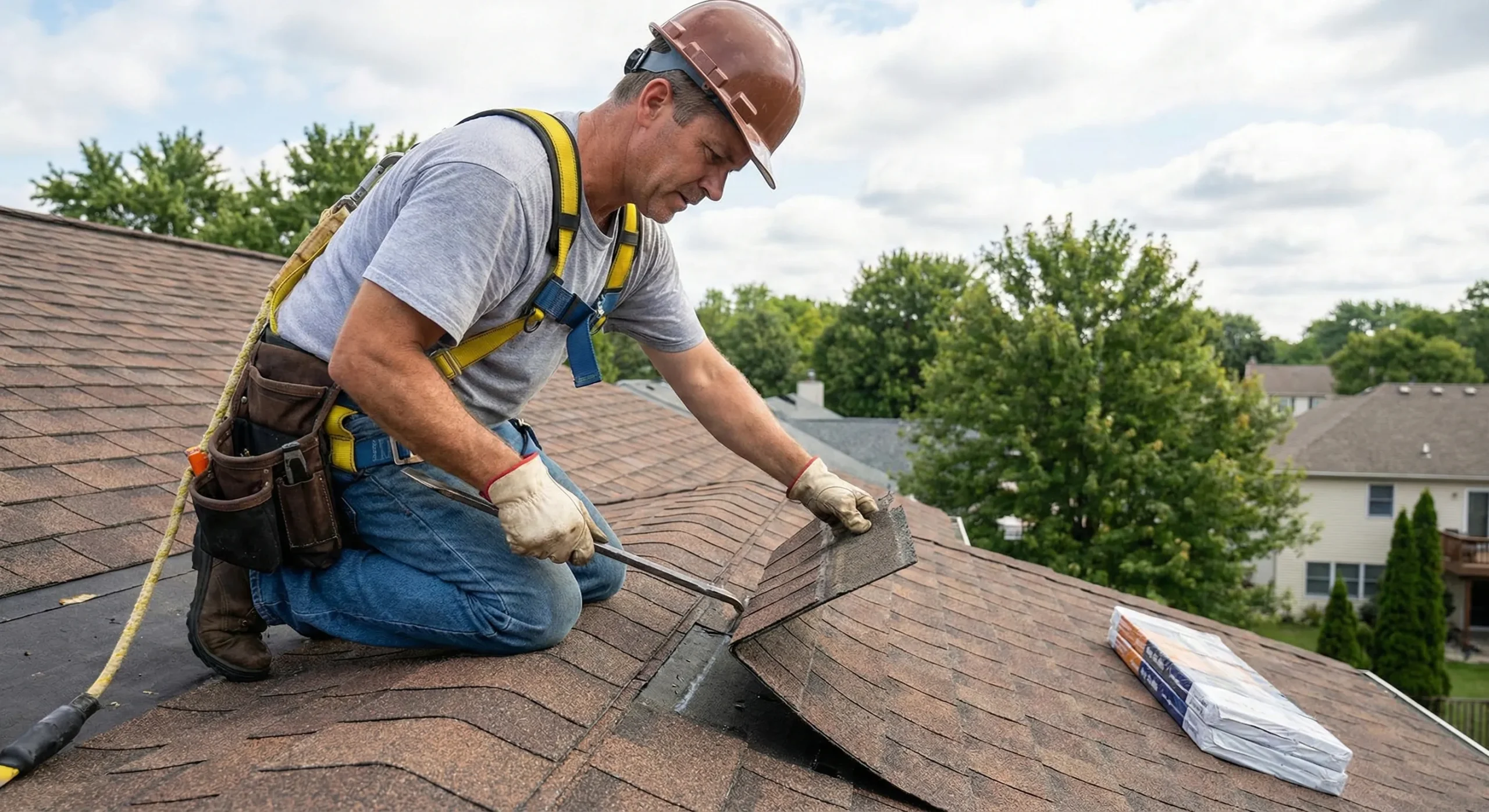 Roofer inspecting shingles during roof maintenance