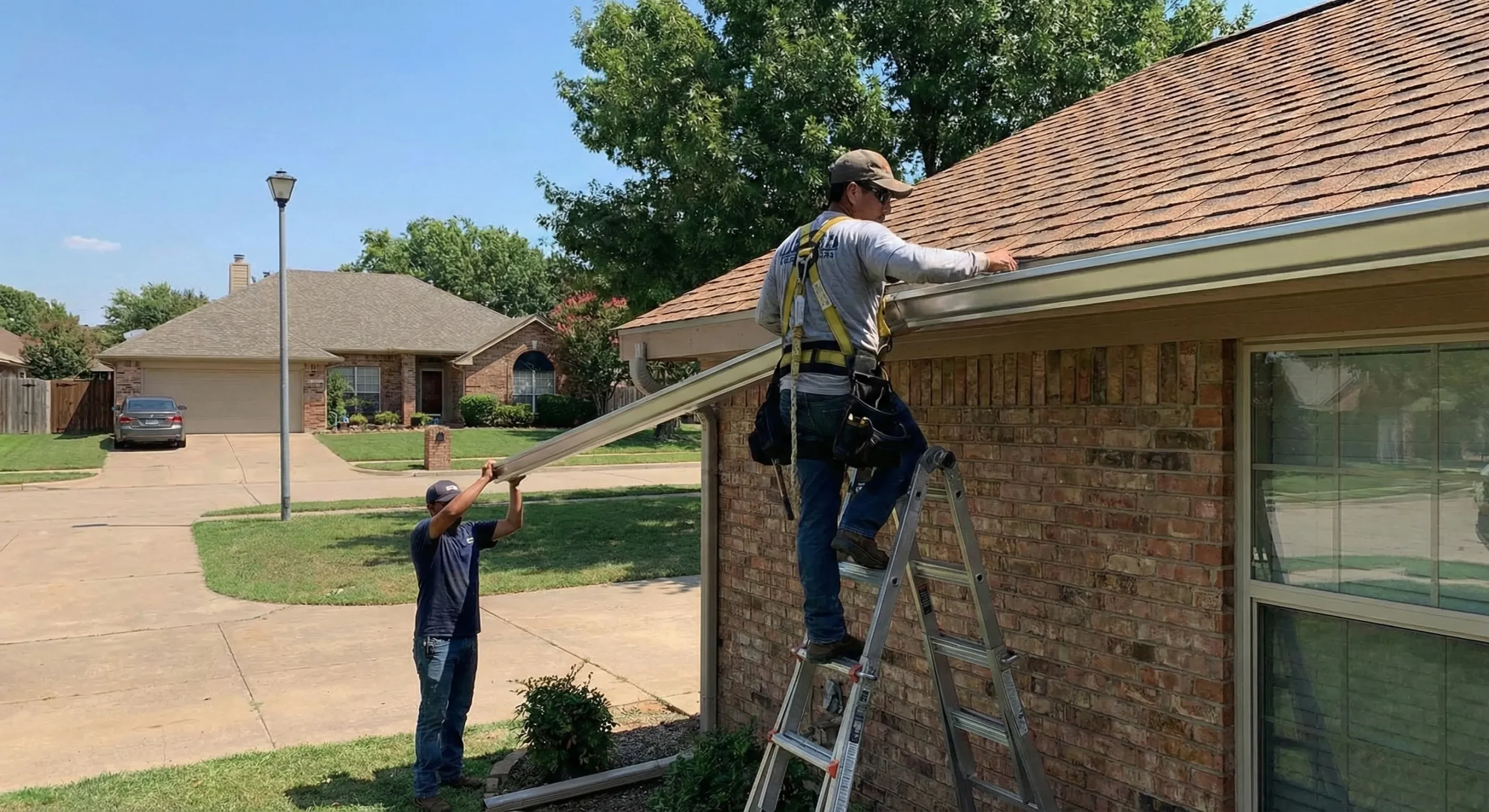 Roofer installing gutters on a Dallas house
